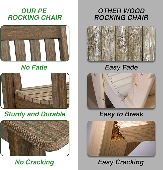 Outdoor Rocking Chair Set of 4, HDPE Oversized Patio Rocking Chairs, Weather Resistant, 350lbs Heavy Duty Porch Rocker with High Back for Backyard, Fire Pit, Garden and Indoor (Bright Brown)