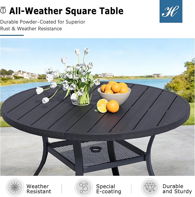 42" Square Patio Dining Table for 4, All-Weather Patio Table with Umbrella Hole, Outdoor Round Dining Table for Lawn Garden Porch, Black