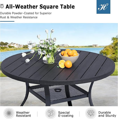 42" Square Patio Dining Table for 4, All-Weather Patio Table with Umbrella Hole, Outdoor Round Dining Table for Lawn Garden Porch, Black