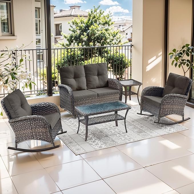 Patio Rocking Chair: Outdoor Wicker Rocker Porch Rocking Chair with Removable Cushion, 300 Lb Weight Capacity Rattan Rocking Seating for Balcony Garden Brown-Grey