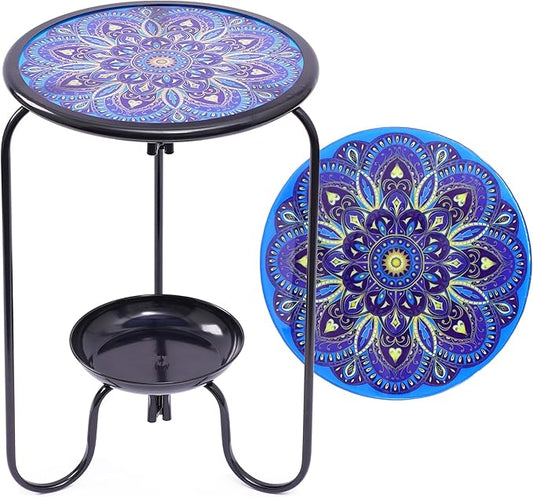 Modern Mosaic Mandala Pattern Glass Patio Table with Bottom Tray - Outdoor Side, Small Accent for Yard, Porch, Garden, Living Room, Coffee Tea, Plant Stand (Blue Mandala)