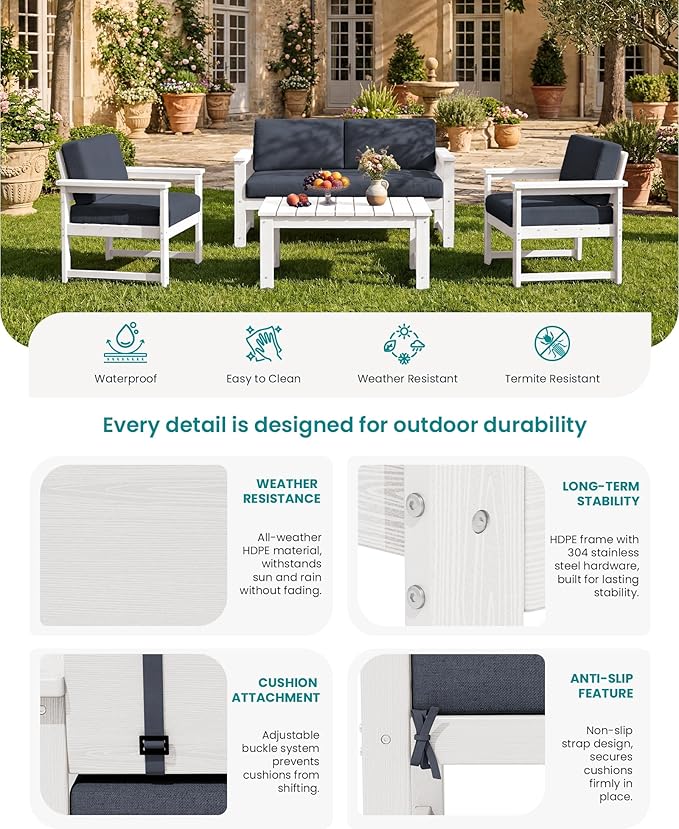 SERWALL HDPE Outdoor Loveseat with Cushions, All Weather Use Outdoor Loveseat Sofa, White Frame/Grey Cushion - Photo 3