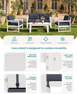 SERWALL HDPE Outdoor Loveseat with Cushions, All Weather Use Outdoor Loveseat Sofa, White Frame/Grey Cushion - Photo 3