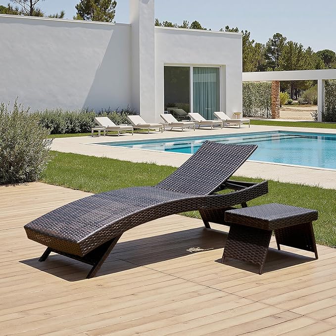 PE Rattan Foldable Backrest Chaise Lounge Set of 1 Chair + 1 Table, Outdoor Pool Folding Recliner and Coffee Table, Adjustable Patio Chairs Lounge Chair and Side Table for Beach Sunbathing