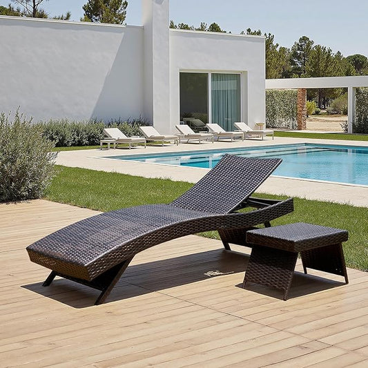 PE Rattan Foldable Backrest Chaise Lounge Set of 1 Chair + 1 Table, Outdoor Pool Folding Recliner and Coffee Table, Adjustable Patio Chairs Lounge Chair and Side Table for Beach Sunbathing