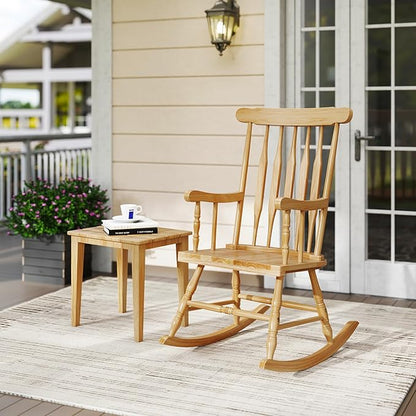 Giantex Outdoor Wood Rocking Chair - Patio Rocking Chair with Solid Rubber Wood Frame, Slat Back, Outside & Indoor Rocker for Garden, Poolside, Balcony, Backyard, Lawn, Front Porch Rocker, Natural