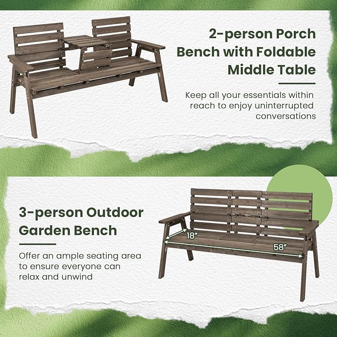 Tangkula Outdoor Fir Wood Bench with Foldable Middle Table, 2-3 Person Garden Bench with Backrest and Armrests - Photo 6