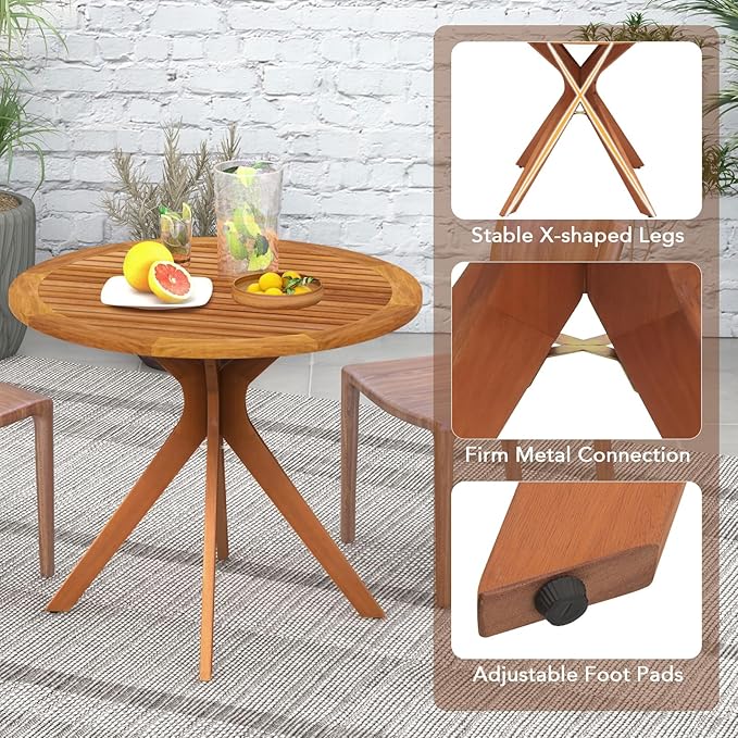 Tangkula Round Bistro Table, Indoor Outdoor Coffee Table w/Solid Structure, Slatted Tabletop, Stable Legs, 35.5” Wood Dining Table for Patio, Garden, Poolside, Backyard, Easy Assembly, Natural