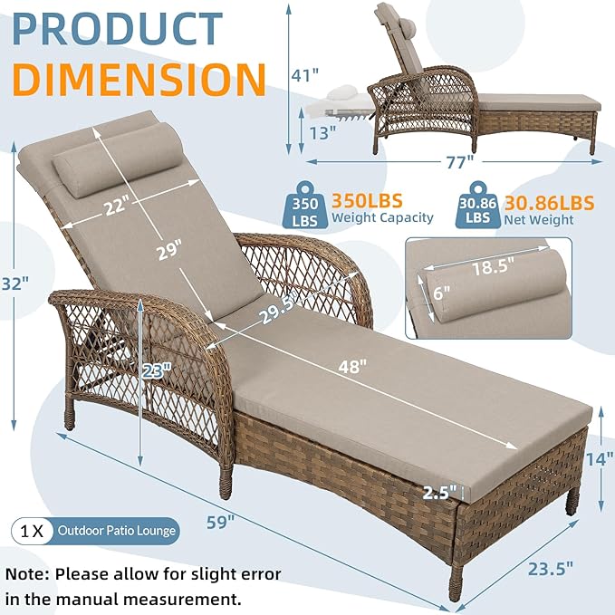 Outdoor Chaise Lounge Chair, PE Wicker Long Recliner Patio Lounge Chair with Cushion - Photo 2