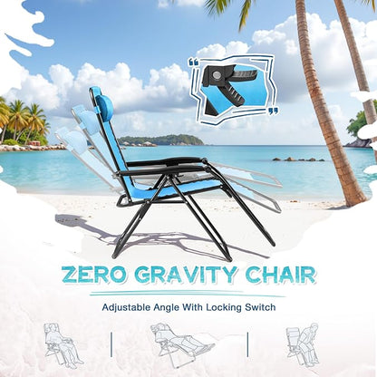 Greesum Zero Gravity Chairs Set of 2 Adjustable Steel Mesh Recliners Beach Deck Lawn Camping Patio Foldable Lounge Chair with Cup Holder Trays and Pillows,Sky Blue