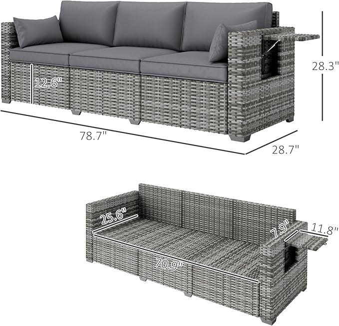 Outsunny 3 Seater Wicker Sofa with Side Tray Tables, Rattan Outdoor Patio Sofa with 6" Thick Back Cushions, Outdoor Wicker Couch with Deep Seating, Pillows for Porch, Garden, Backyard, Mixed Gray