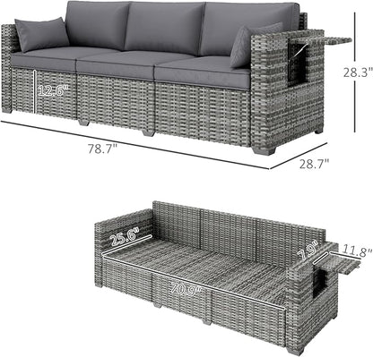 Outsunny 3 Seater Wicker Sofa with Side Tray Tables, Rattan Outdoor Patio Sofa with 6" Thick Back Cushions, Outdoor Wicker Couch with Deep Seating, Pillows for Porch, Garden, Backyard, Mixed Gray