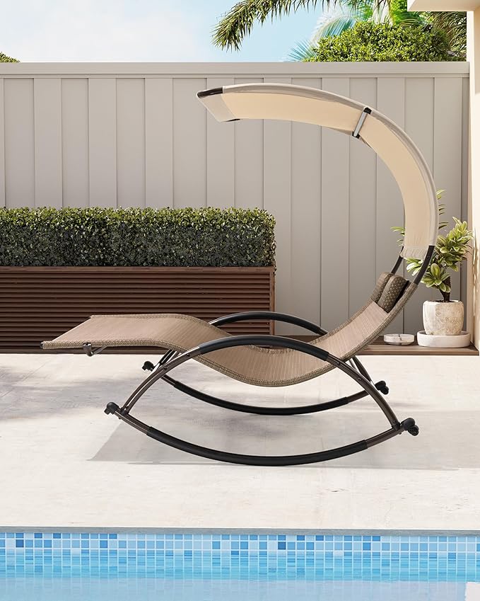 Crestlive Products Outdoor Double Chaise Lounge Chair with Canopy & Wheels, 2 Person Patio Rocking Lounge Chair with Sun Shade & Headrests for Garden, Backyard, Poolside (Brown)