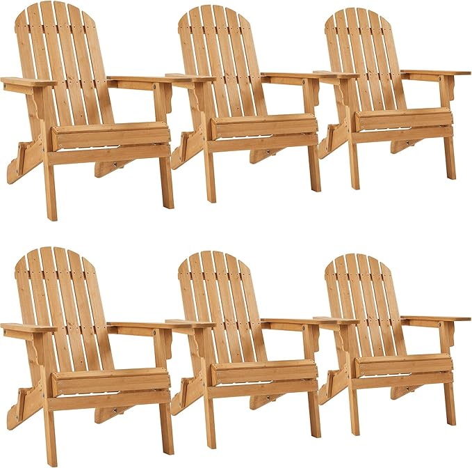 Topeakmart Set of 6 Folding Adirondack Chair Outdoor Weather Resistant Chairs for Patio Deck Garden, Backyard Deck, Fire Pit, Honey Brown