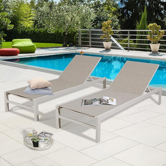 2 Pieces Patio Aluminum Chaise Lounge Chairs Quick Dry Foam Padded Reclining Chairs with 5-Position Adjustable Backrest,Beige,NPT-580043D-T
