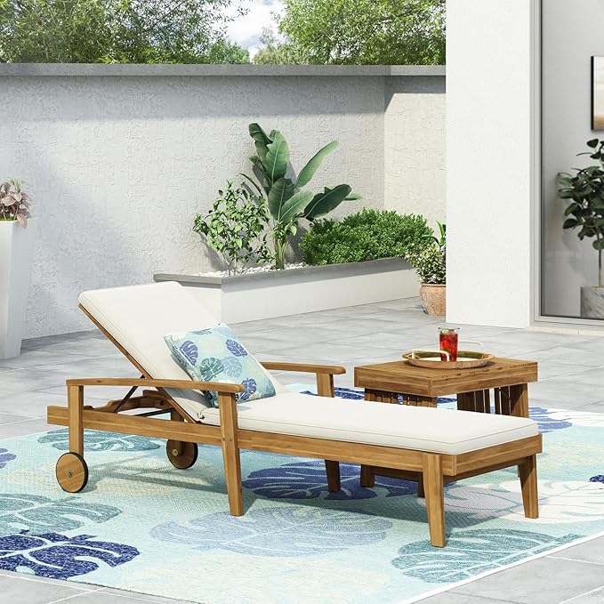 Outdoor Chaise Lounge Chair, Pool Lounge Chairs with Wheels, 5-Position Adjustable Backrest & Wood Frame, Patio Lounge Chair for Pool Poolside Sunbathing Backyard Beach (Teak+ Beige)