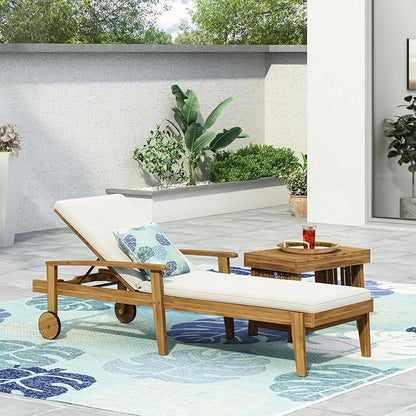 Outdoor Chaise Lounge Chair, Pool Lounge Chairs with Wheels, 5-Position Adjustable Backrest & Wood Frame, Patio Lounge Chair for Pool Poolside Sunbathing Backyard Beach (Teak+ Beige)