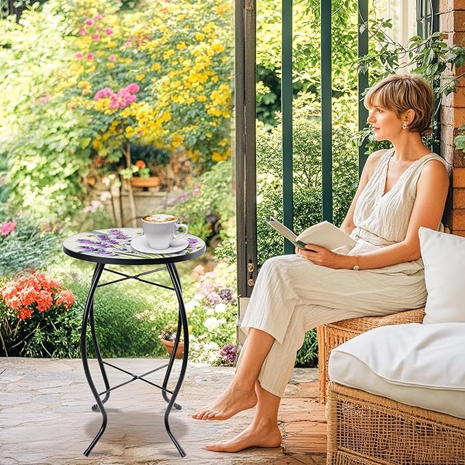 MUMTOP Outdoor End Tables for Patio, Lavender Small Round Side Table, Glass Accent Table for Outside, Garden, Balcony, Porch, Indoor Home Decor
