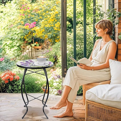 MUMTOP Outdoor End Tables for Patio, Lavender Small Round Side Table, Glass Accent Table for Outside, Garden, Balcony, Porch, Indoor Home Decor