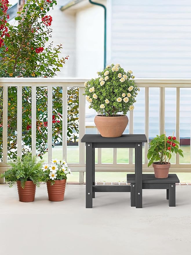 LUE BONA Outdoor Side Table, 2-Tier HDPS Outdoor Nesting End Table with Removable Small Foot Stool for Patio, Deck, Poolside, Low Maintenance & Weather Resistant,Dark Gray