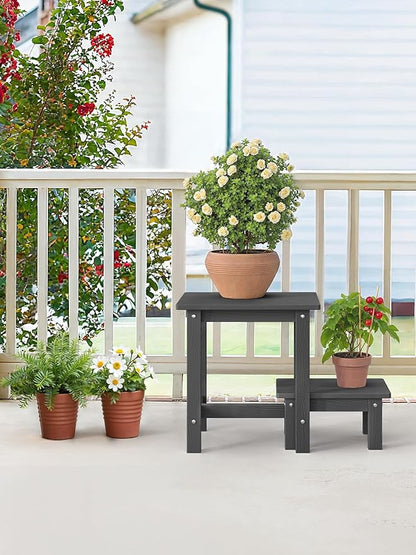LUE BONA Outdoor Side Table, 2-Tier HDPS Outdoor Nesting End Table with Removable Small Foot Stool for Patio, Deck, Poolside, Low Maintenance & Weather Resistant,Dark Gray