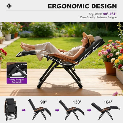 PURPLE LEAF Oversized Outdoor Reclining Chair Patio Zero Gravity Chaise Lounge Folding Chair with Removable Cushion Adjustable Headrest for Lawn Camping Beach Pool Black