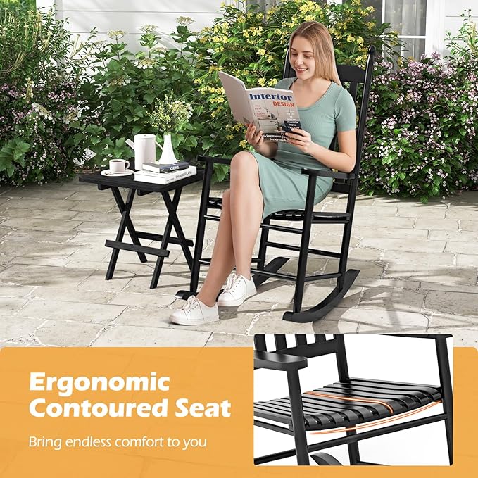 Giantex Outdoor Rocking Chair, All Weather Patio Rocker w/Solid Rocking Base & High-Back, Slatted Seat & Back, Acacia Wood Porch Rocker, Wooden Patio Rocking Chair for Backyard, Poolside, Black
