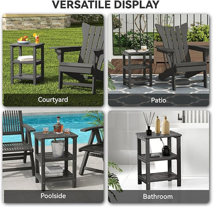 3 Tier Outdoor Side Table Adirondack Side Table HDPE End Table Patio Side Table Rectangle Tables for Outdoor Backyard Garden Balcony (Retro, Grey)