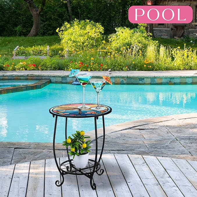 Outdoor Side Table Round Small Mosaic Patio Accent Indoor End Plant Coffee Tea Table for Yard Patio Porch Garden Living - Photo 4