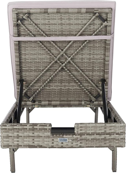 SAFAVIEH Outdoor Collection Cam Grey Wicker/Grey Cushion Adjustable Chaise Lounge Chair, Black/Beige (PAT7501B)