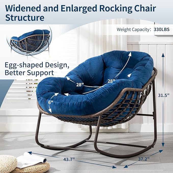 HOMEFUN Outdoor Patio Rocking Chairs Set of 2, Oversized Papasan Rock Chair Indoor with Velvet Padded Cushion - Rocker Egg Seat for Front Porch, Garden, Backyard Navy