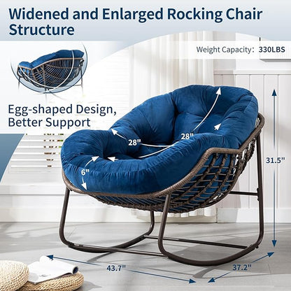 HOMEFUN Outdoor Patio Rocking Chairs, Oversized Papasan Rock Chair Indoor with Velvet Padded Cushion - Rocker Egg for Front Porch, Garden, Backyard Navy