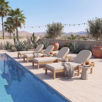 Outdoor Chaise Lounge Chair Set of 3, Patio Chaise Lounge Recliner with Adjustable Backrest, Acacia Wood Poolside Chaise Lounge with Thick All-Weather Cushions for Patio, Deck and Backyard(C)