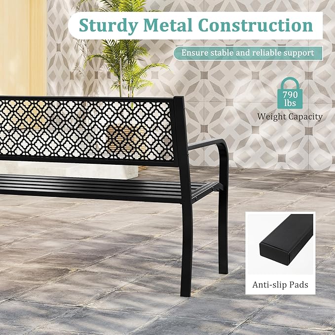 Tangkula 50 Inches Outdoor Garden Bench, Metal Patio Park Bench with Geometric Lattice Backrest, Armrests and Slatted Seat, Outdoor Loveseat Chair for Porch, Lawn and Yard (Black)