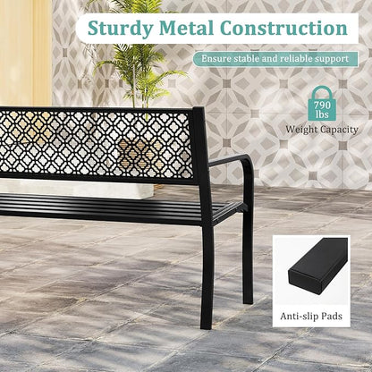 Tangkula 50 Inches Outdoor Garden Bench, Metal Patio Park Bench with Geometric Lattice Backrest, Armrests and Slatted Seat, Outdoor Loveseat Chair for Porch, Lawn and Yard (Black)