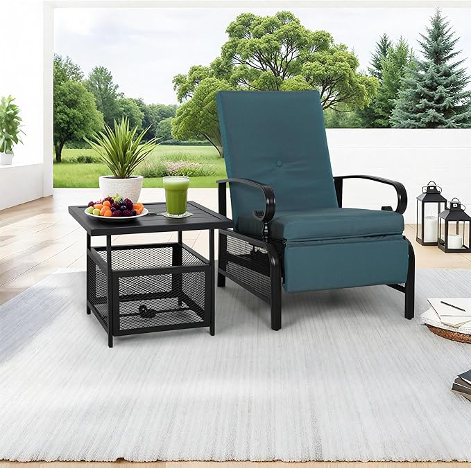 Incbruce 2 Pieces Outdoor Lounge Recliner Set, Adjustable Metal Recliner Sofa Chair and Umbrella Stand Side Square Table Suitable for Garden, Pool, Yard (Peacock Blue)