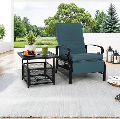 Incbruce 2 Pieces Outdoor Lounge Recliner Set, Adjustable Metal Recliner Sofa Chair and Umbrella Stand Side Square Table Suitable for Garden, Pool, Yard (Peacock Blue)
