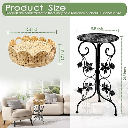 Outdoor Metal Patio Folding Side Table with Removable Wicker Tray, Boho Woven Rattan Plant Stand, Small Round Coffee end Table (Water Hyacinth, Black)