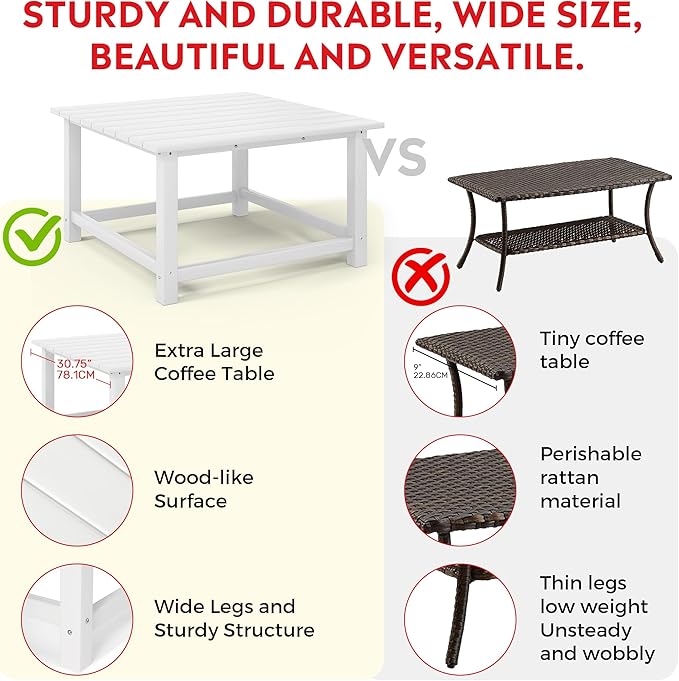 Costaelm Patio Conversation Table, Tatio Accent HDPE Outdoor Weather Resistant, Square Outdoor Porch Balcony Patio Drink Table for Outside, Pool, Backyard, White