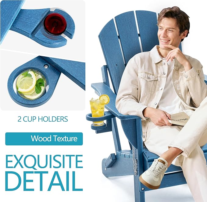 Folding Outdoor Adirondack Chairs Set of 2 with High&Reclining Back-HDPE Weather Resistant Patio Chairs with Cup and Phone Holder for Patio,Fire Pit, Garden and Backyard