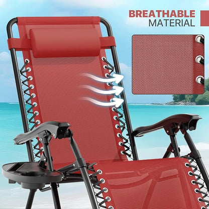 Magshion Folding Zero Gravity Chairs Set of 2, Outdoor Reclining Camping Chairs, Patio Lounge Recliners with Side Table & Cup Holder Tray, Maroon