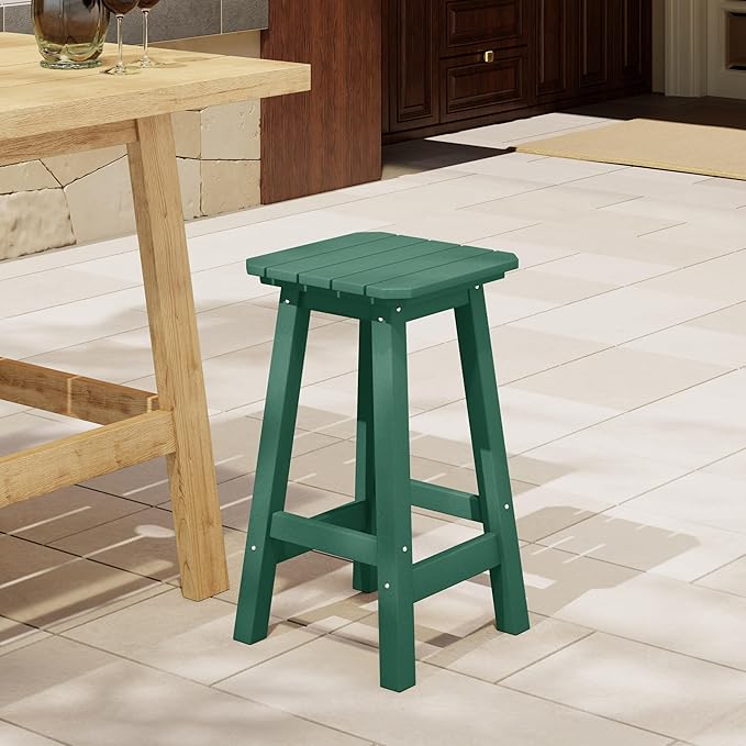 Costaelm 24" Height Outdoor Bar Stools, All-Weather Bar Stools, Adirondack Poly Patio Square Bar Stool for Patio, Deck, Kitchen Counter and Garden, Dark Green