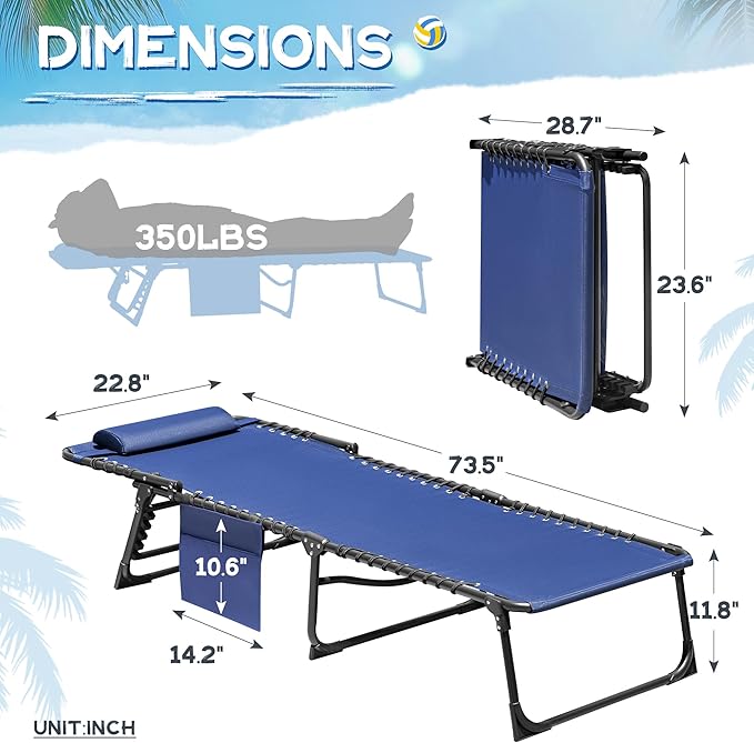Devoko Lounge Beach Chair for Adults, Outdoor Sun Tanning Chair, Portable Folding Camping Lay Chaise Lounge Chairs for Outside Beach Pool Reading, Sunbathing (1, Blue)