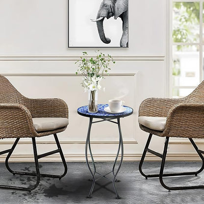 12 Inch Small Outdoor Side Table with Blue-White Mosaic, Glass Mosaic Patio Table Indoor, Round Plant Coffee Table for Living Room, Balcony, Garden