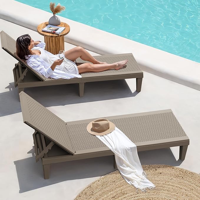 Homall Outdoor Lounge Chairs Set of 2, Quick Assembly & Waterproof Patio Chaise Lounge with Adjustable Backrest for Poolside, Beach, Garden (Light Brown)