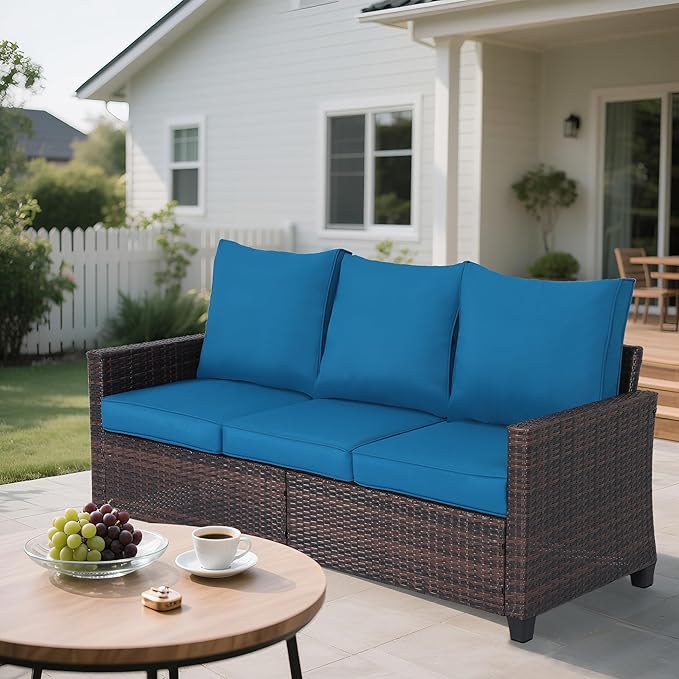 Rattan Outdoor Sofa 3-Seater - PE Woven Patio Couch with Waterproof Blue Cushions, Heavy-Duty Steel Frame for Garden - Photo 5