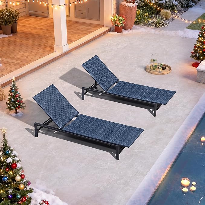 PURPLE LEAF Patio Chaise Lounge Rattan Chair Set of 2 Outdoor Pool Adjustable Recliner Wicker Chairs for Outside Woven Furniture Tanning Poolside Lounger Navy Blue