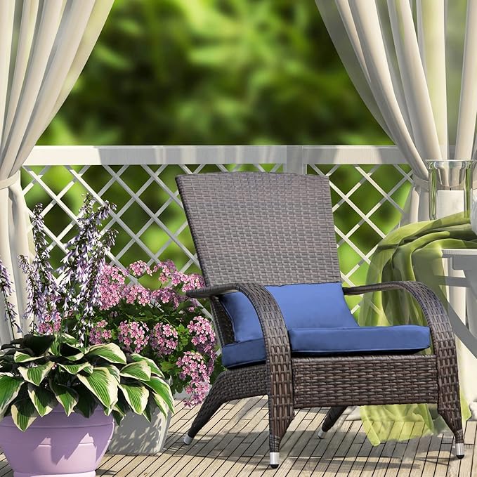 Outdoor Patio Wicker Adirondack Chair Outside Fire Pit Chairs Oversized Comfy Coconino Rattan Armchair Low Deep Seating High Back with Cushion and Pillow for Porch Deck Balcony Lawn Garden Navy Blue