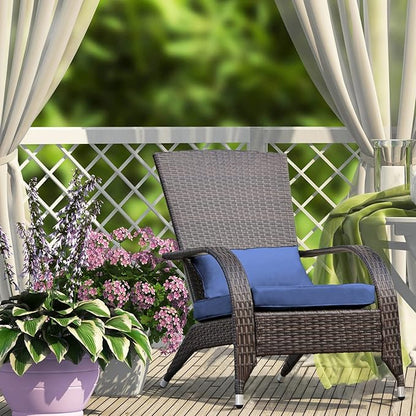 Outdoor Patio Wicker Adirondack Chair Outside Fire Pit Chairs Oversized Comfy Coconino Rattan Armchair Low Deep Seating High Back with Cushion and Pillow for Porch Deck Balcony Lawn Garden Navy Blue