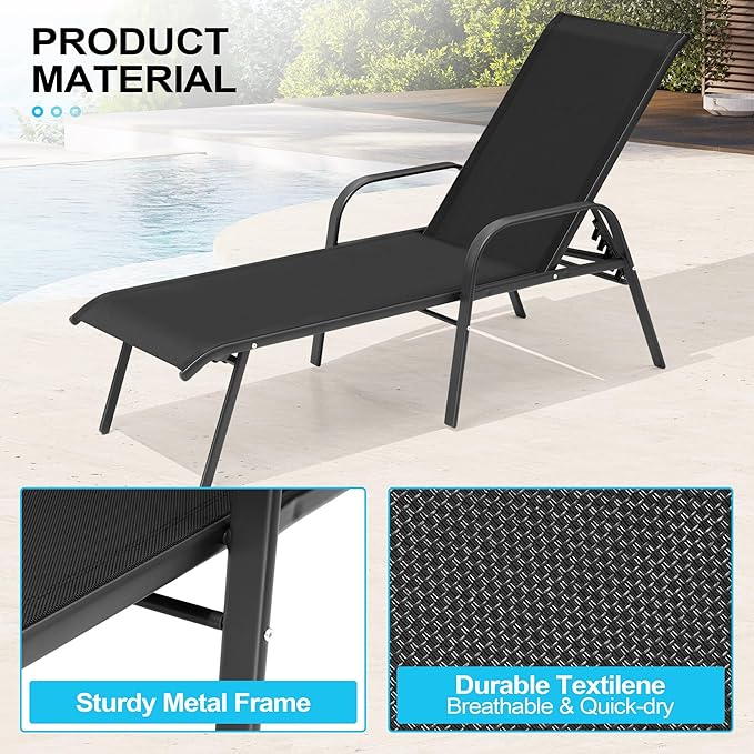 Crestlive Outdoor Chaise Lounge Chair,5-Position Pool Lounge Chairs with Armrests Sunbathing Recliner for Patio,Beach,Deck,Yard (4PC Black)